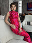 JIA HONG FUSCHIA PINK SILK JACQUARD MAXI QIPAO