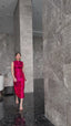 JIA HONG FUSCHIA PINK SILK JACQUARD MAXI QIPAO